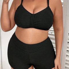  Bikini Set Ruched Padded Bra & High Waisted Shorts Swimsuit
