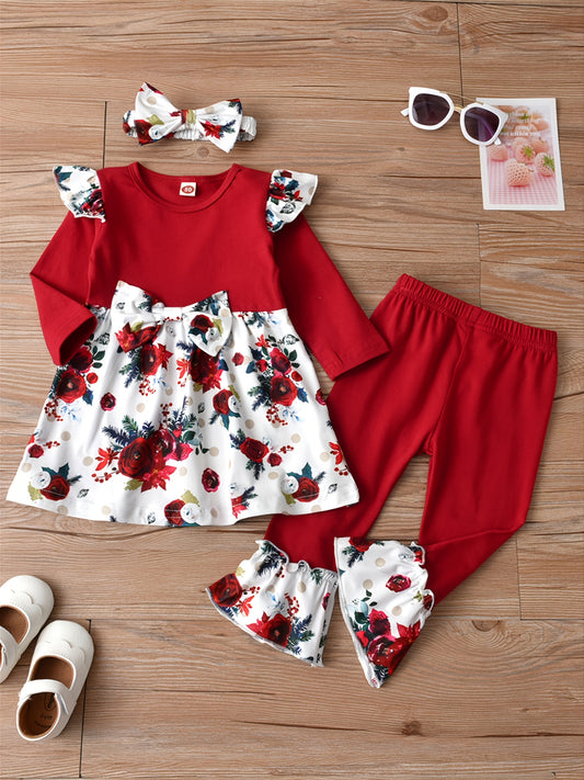 Girls Printed Bow Long Sleeve Top Flared Pants 3pcs Set