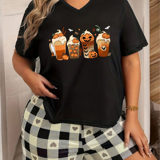  Halloween Loungewear Top Women's Bat & Pumpkin Drinks Print Pajama Top