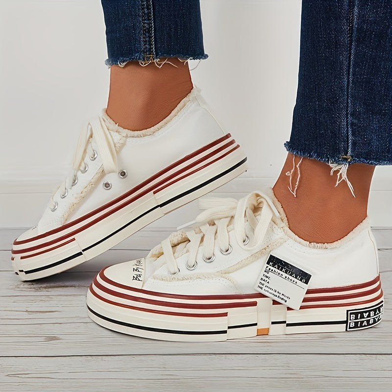 Vintage Letter Patched Raw Trim Skate Shoes for Women