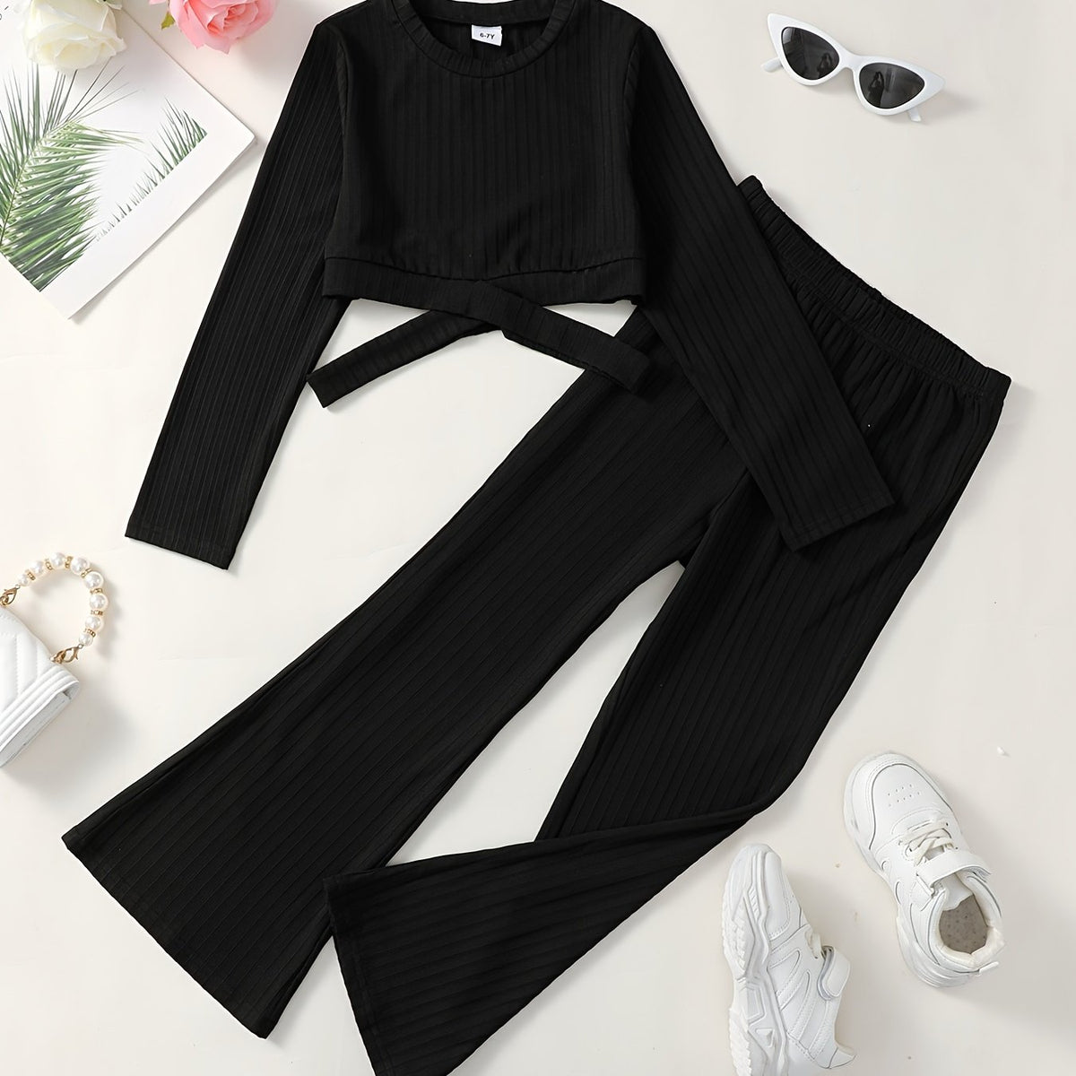 Girls Ribbed Cut Out Top & Flared Pants Set