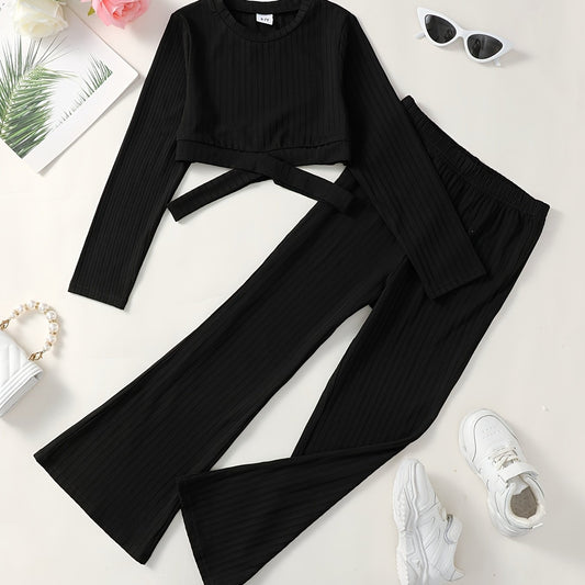 Girls Ribbed Cut Out Top & Flared Pants Set