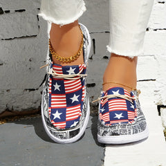 Women's Printed Canvas Shoes Lace Up Sneakers Lightweight - 4th Of July