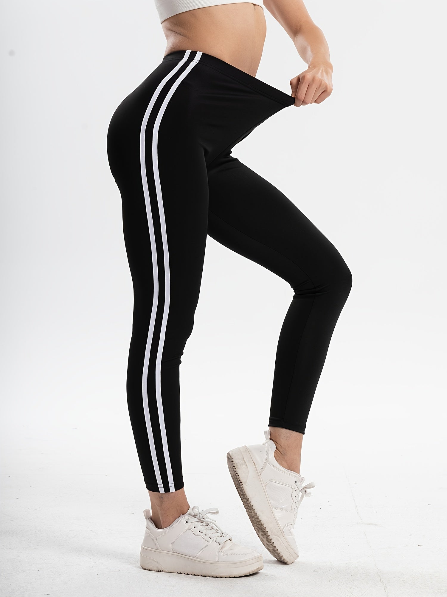 High Waist Yoga Leggings with Vertical Stripes for Sports