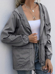 Casual Hooded Jacket Drawstring Solid Long Sleeve
