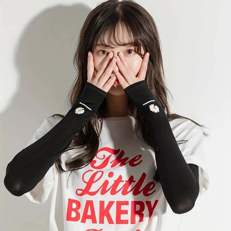 Daisy Print UV Protection Fingerless Gloves for Summer Sunscreen