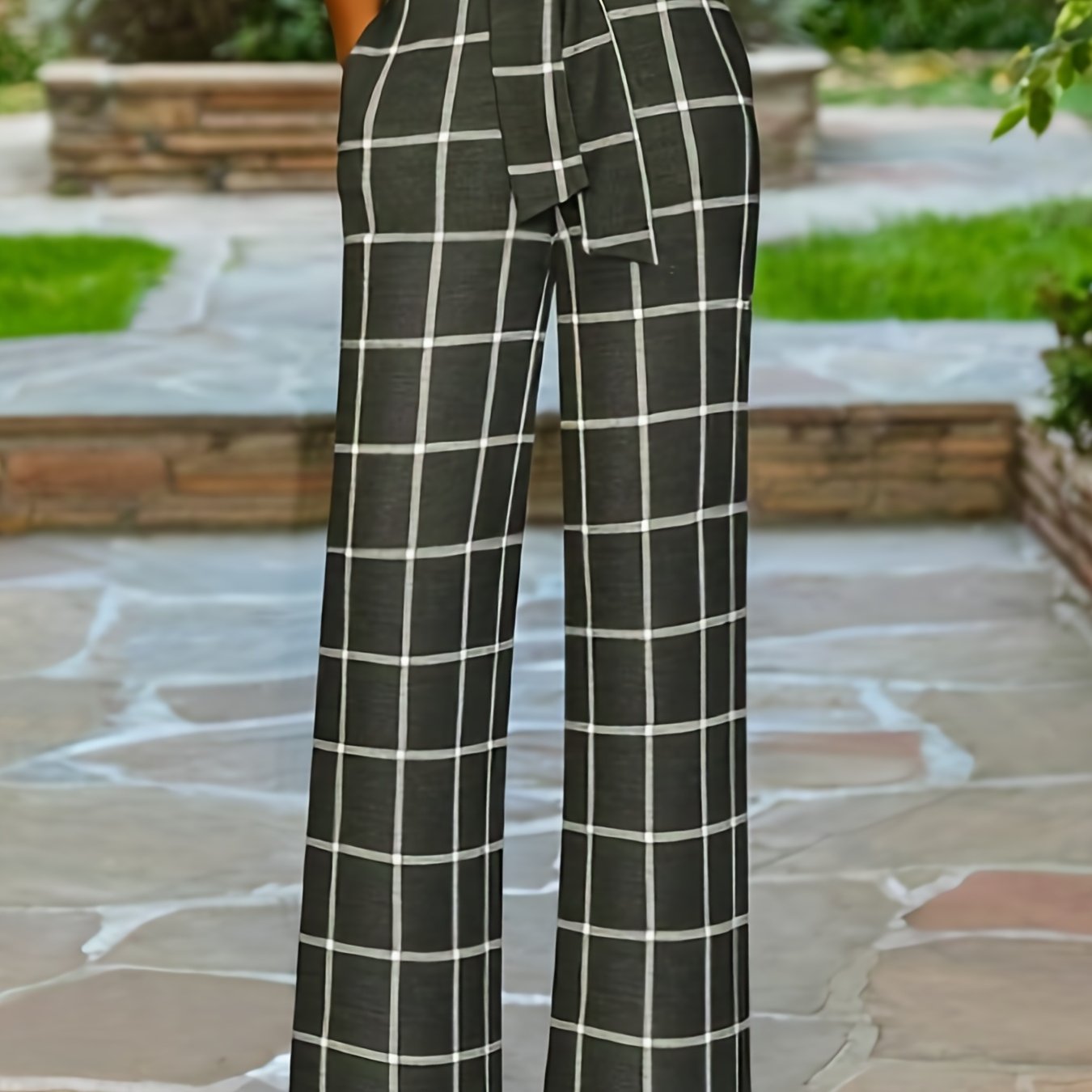  Grid Print Wide Leg Belted Trousers