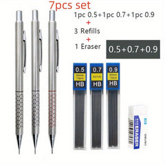 7pcs Metal Mech Pencil Set 0.5 0.7 0.9mm Students Writing Art Drawing