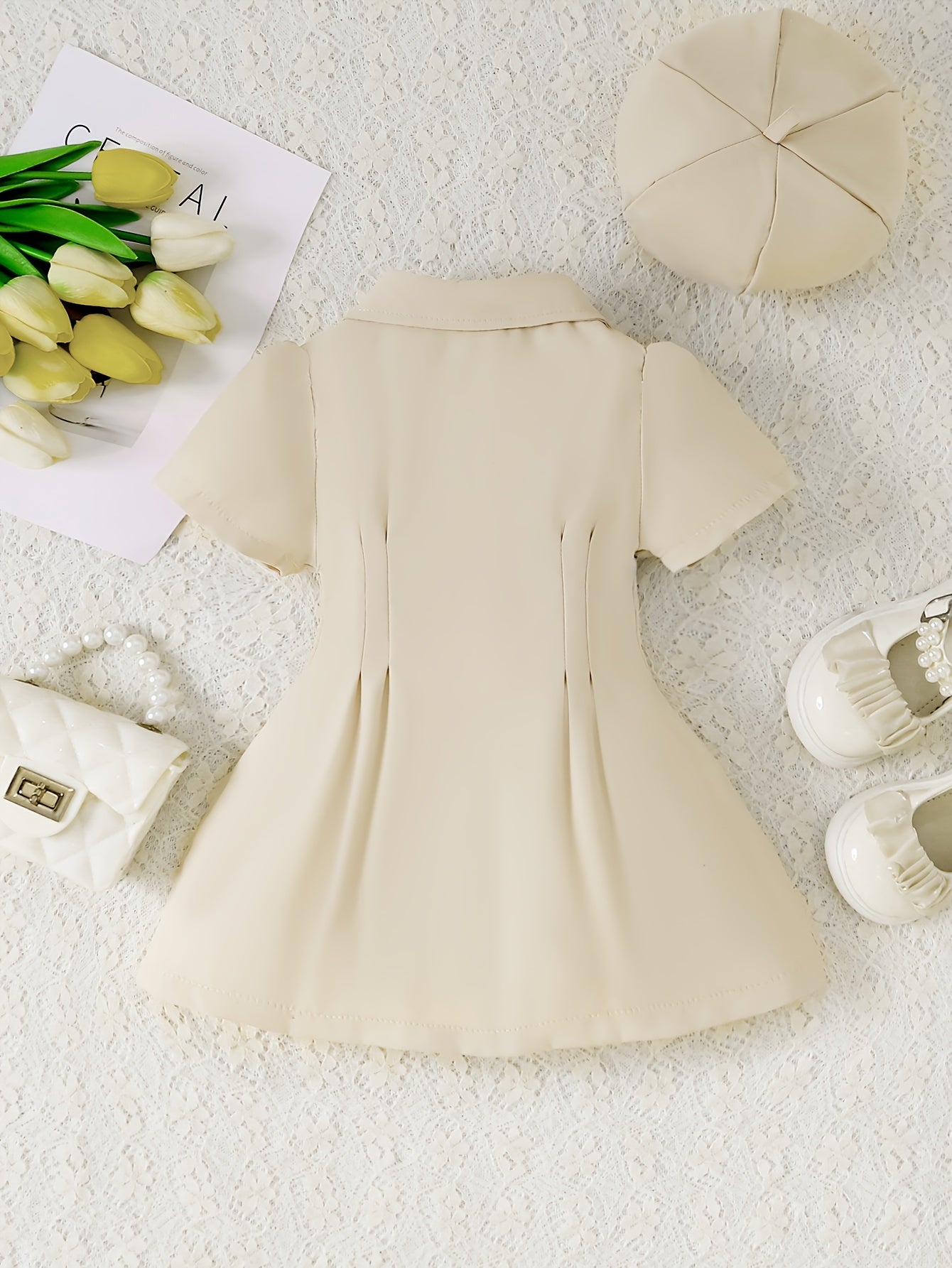 2pcs Baby Girls Short Sleeve Tunic Dress & Beret Set
