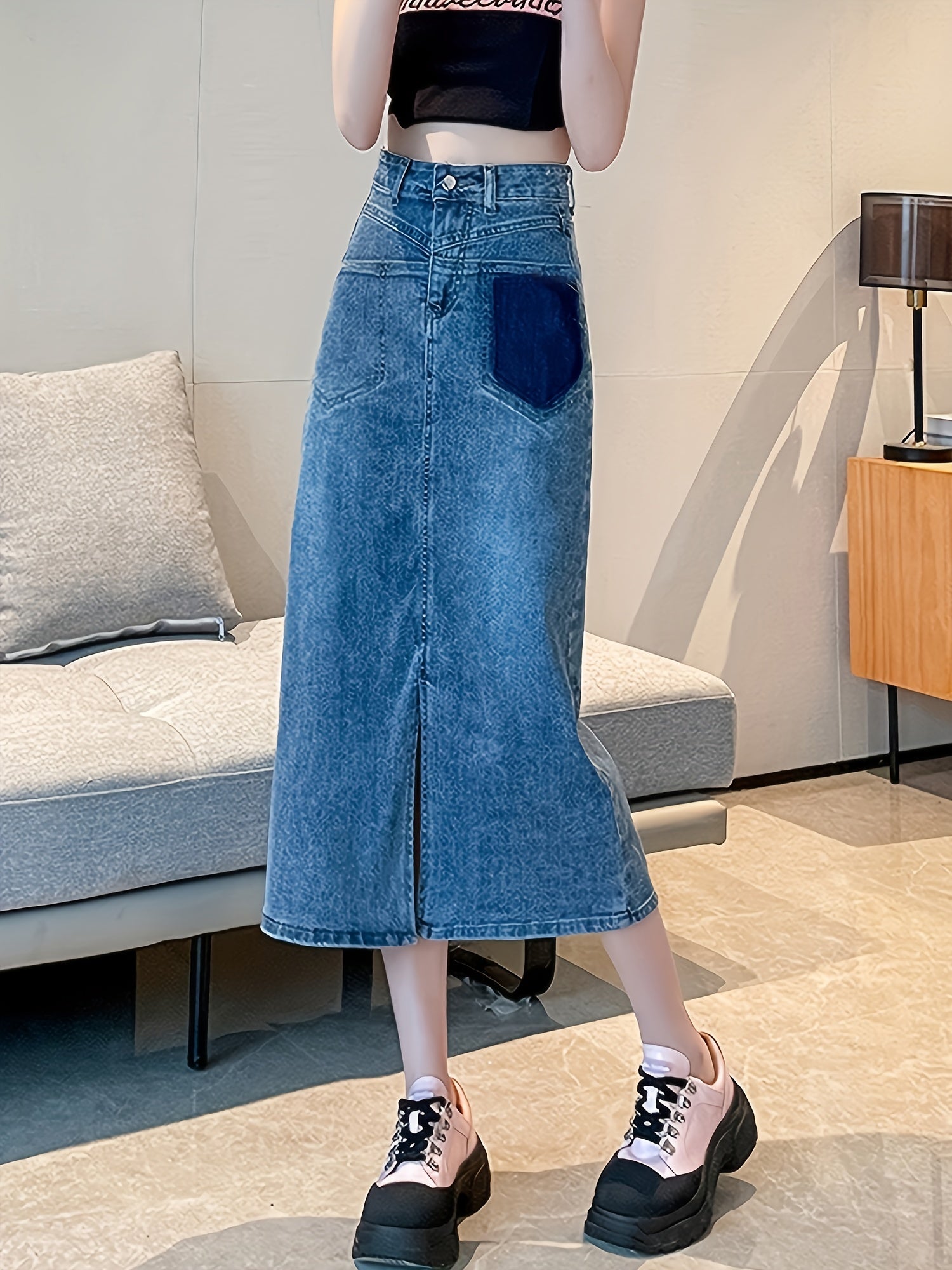 High Waist Denim Midi Skirt A Line Mid Stretch High Rise Versatile