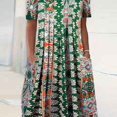 Floral Print Short Sleeve Ruched Dress With Pockets