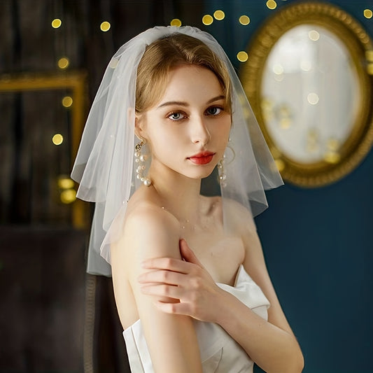 2 Tiers Bridal Yarn Small Veil Short Puffy Wedding Dress Props Headwear