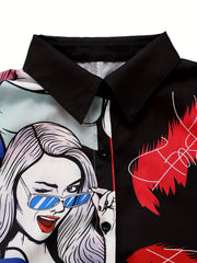  Pop Art Print Long Sleeve Button Up Shirt Top