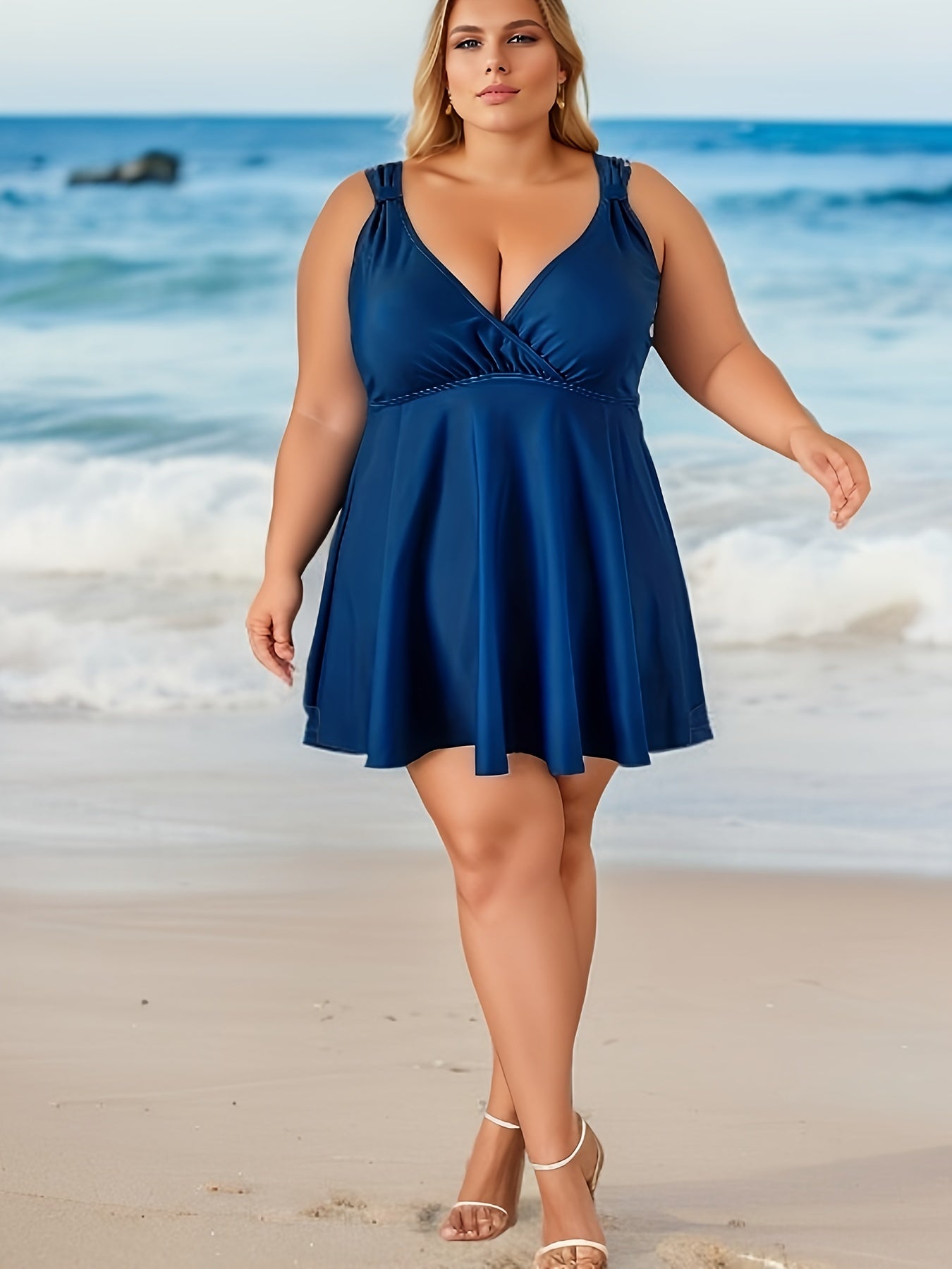 Plus Size Modest Tankini Set Women's Solid Dress & Print Shorts Swimsuit