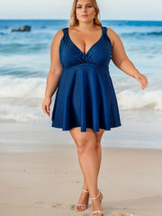 Plus Size Modest Tankini Set Women's Solid Dress & Print Shorts Swimsuit