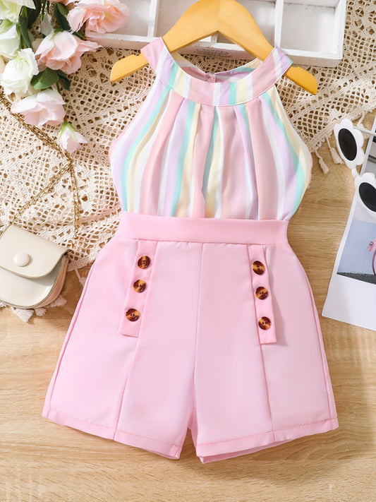 Girl's Rainbow Striped Halter Top & Button Shorts Set Beach Holiday Outfit