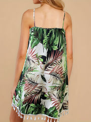  Tropical Print Fringe Trim Cami Dress