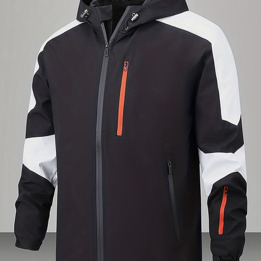 Men's Block Hooded Jacket Zip Up Windbreaker for Outdoor