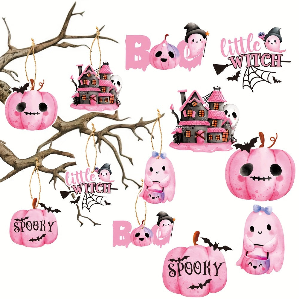 6 Pink Halloween Wooden Tree Ornaments Castle Ghost Pumpkin Wall Decor