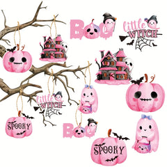 6 Pink Halloween Wooden Tree Ornaments Castle Ghost Pumpkin Wall Decor