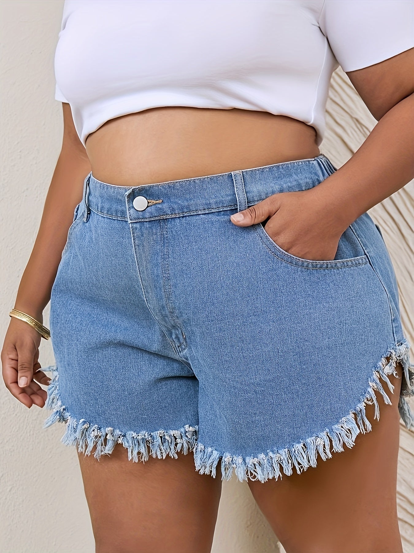 Women's Plus Fringe Trim High Rise Denim Shorts