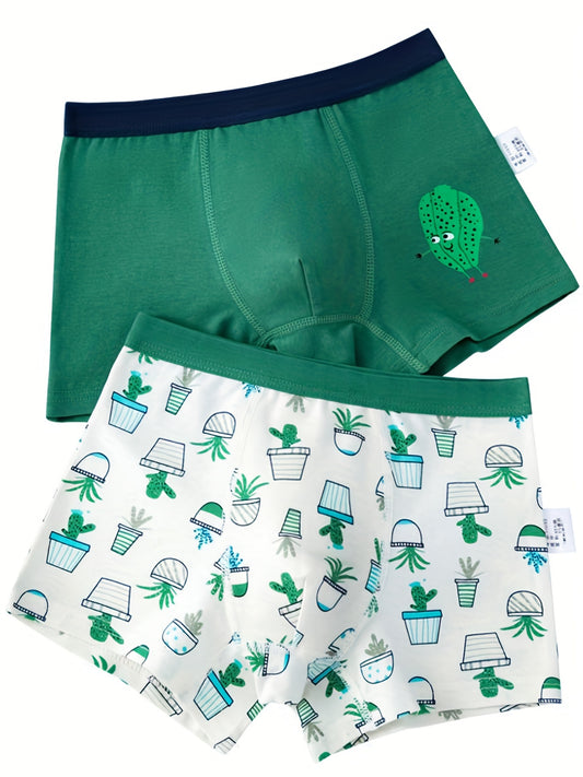 2pcs Boy's Boxer Briefs Cartoon Cactus Print Elastic Waist Shorts