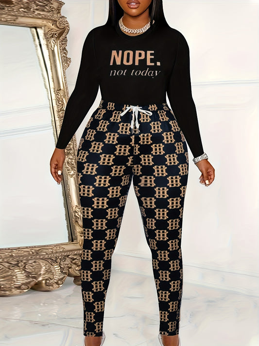 Women's Plus Slogan Long Sleeve Top & Leggings Set