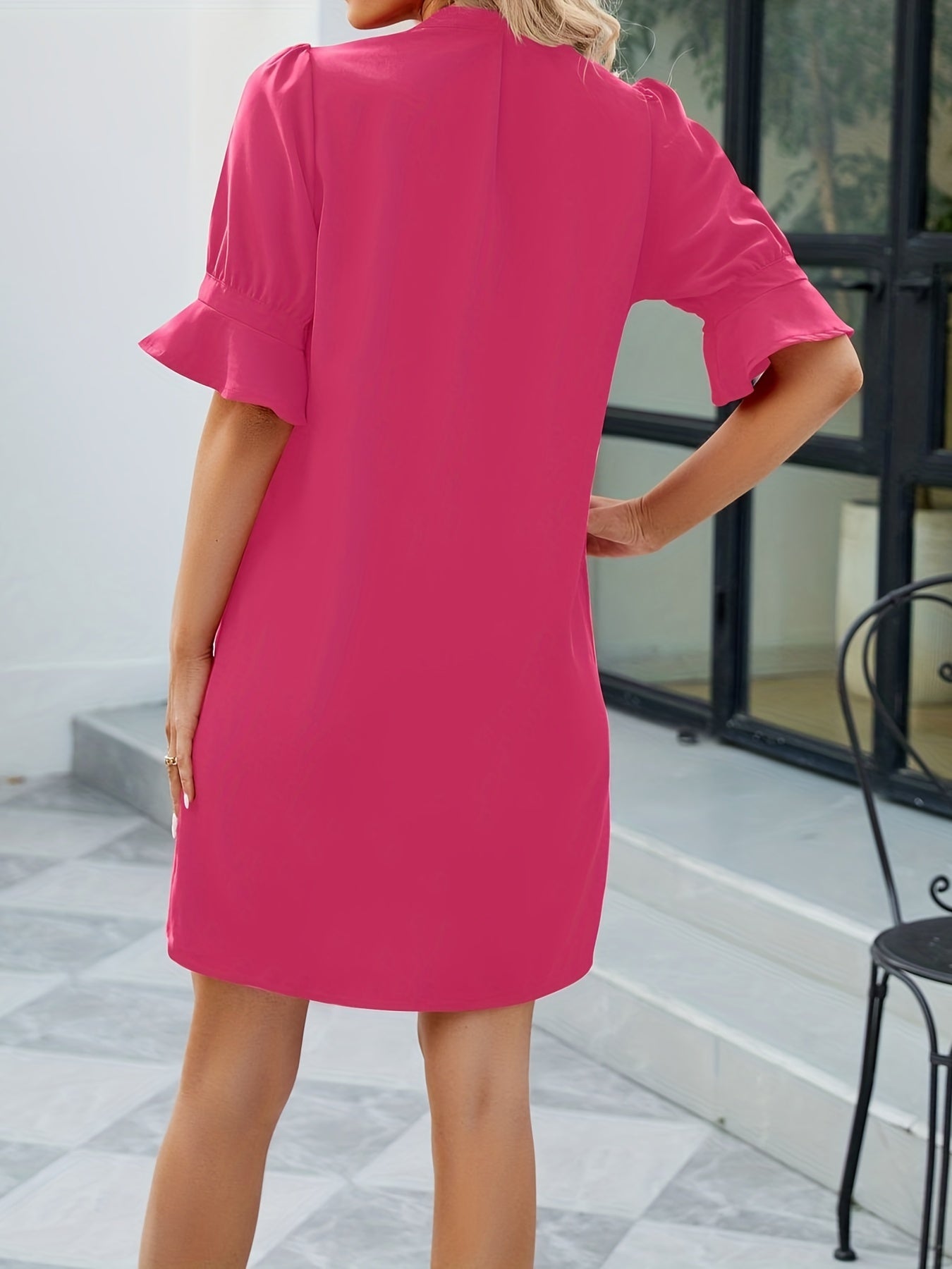  Casual Dress Solid Puff Sleeve Notched Neck Mini Dress