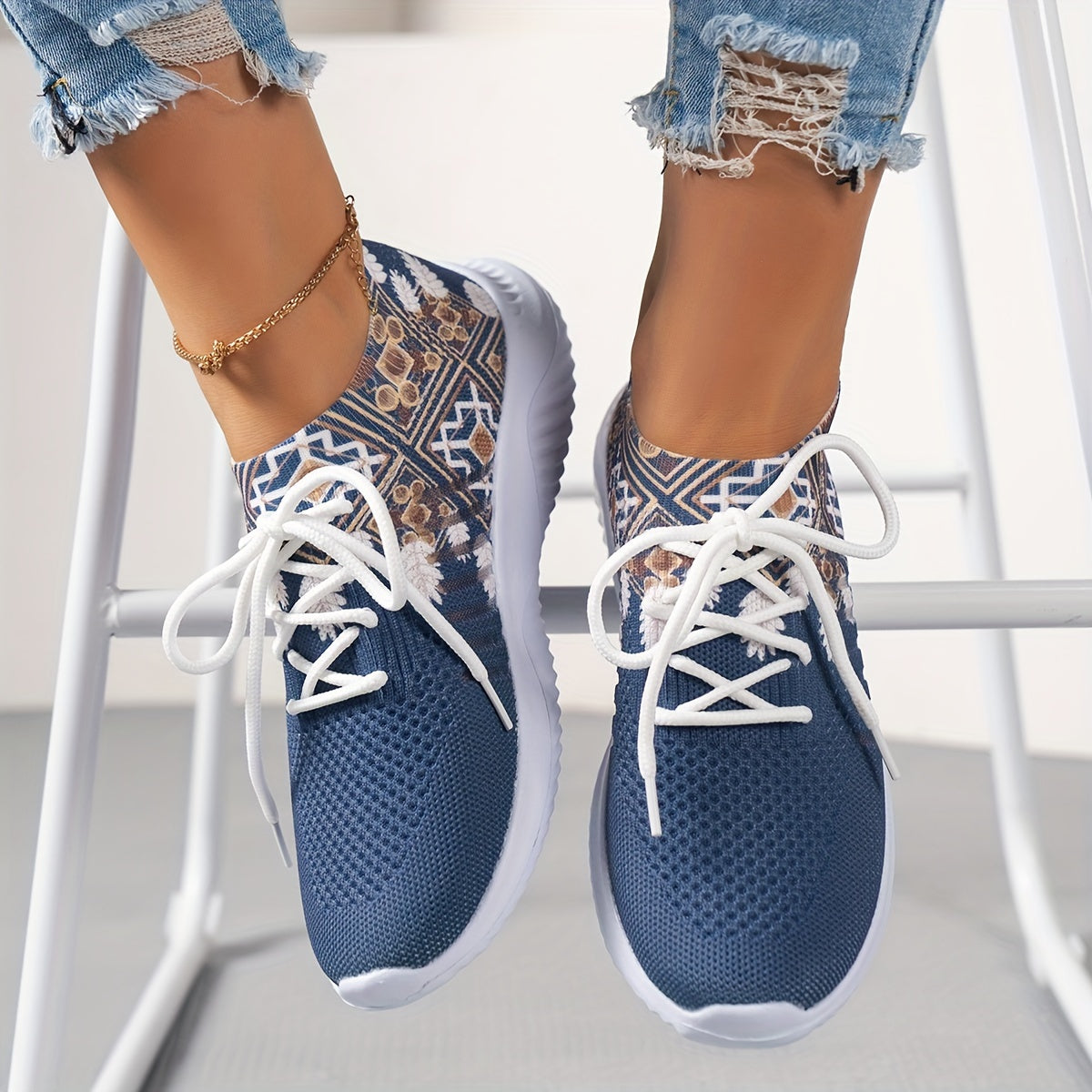 Ethnic Print Mesh Lightweight Flying Woven Shoes Casual Running Shoes