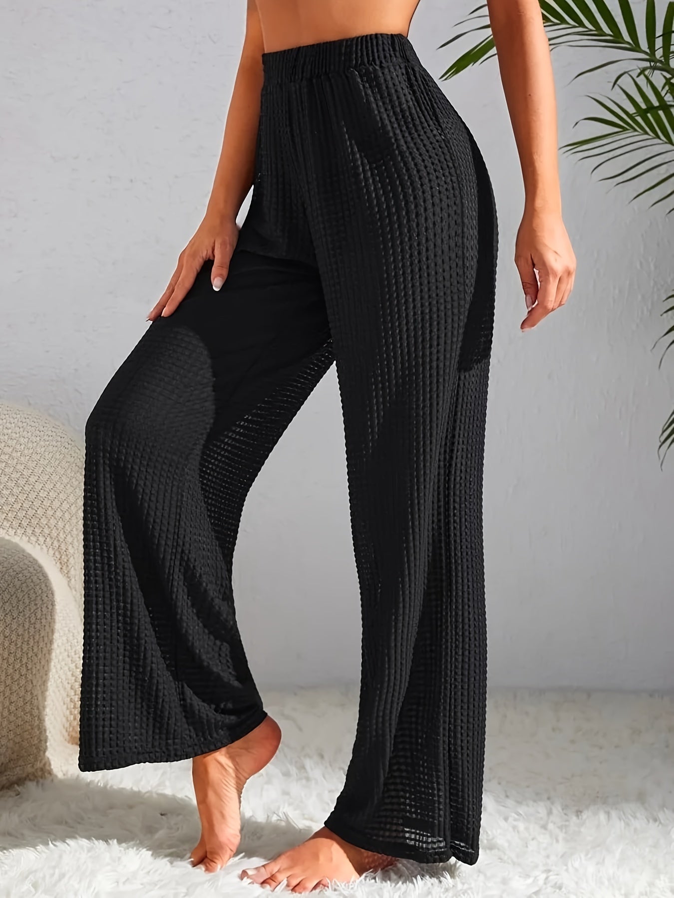  Retro Pants Women's Plus Solid Waffle Elastic Semi Sheer High Rise