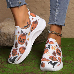 Halloween Pumpkin Print Running Shoes Lightweight Breathable Slip On Sneakers