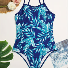 Leaf Print High Cut Swimsuit One Piece Bathing Suit Women's Swimwear