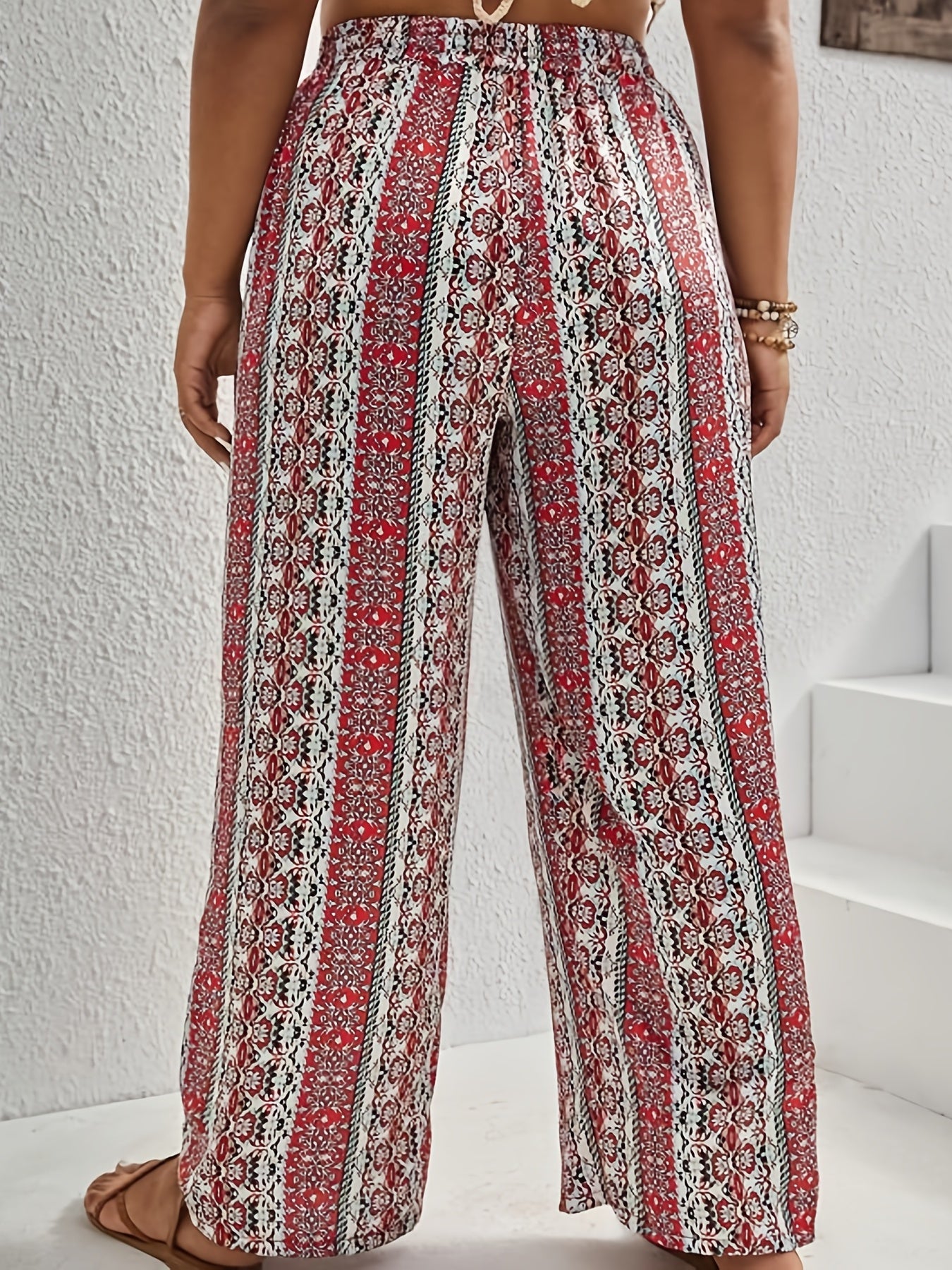  Women's Stripe Print Wide Leg Loose Tie Pants
