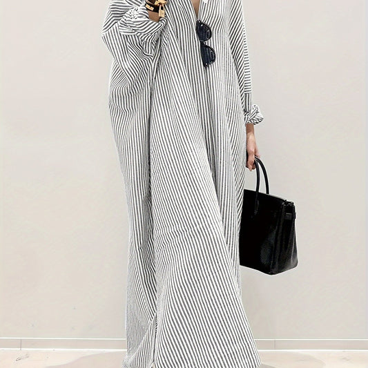  Stripe Print Button Up Long Sleeve Maxi Shirt Dress