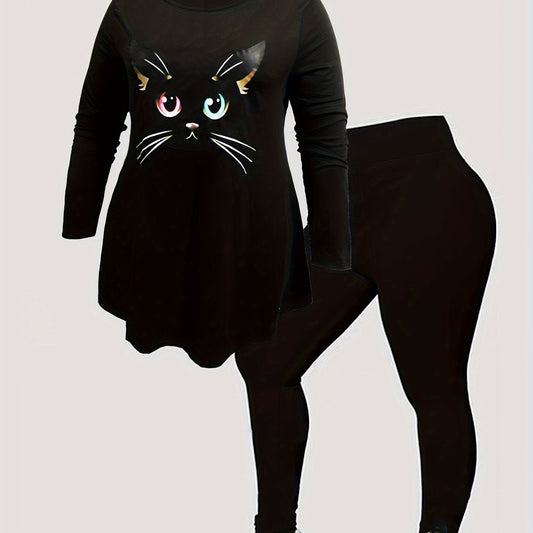 Women's Plus Cat Print Long Sleeve Top & Leggings Outfits Set