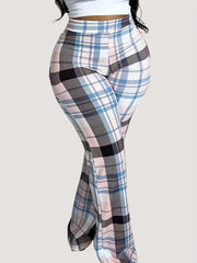 Plaid Print High Rise Button Fly Flared Leg Pants Women's Plus Size