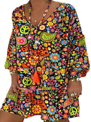 Floral Print V Neck Dress Plus Size Stretch Dress Women