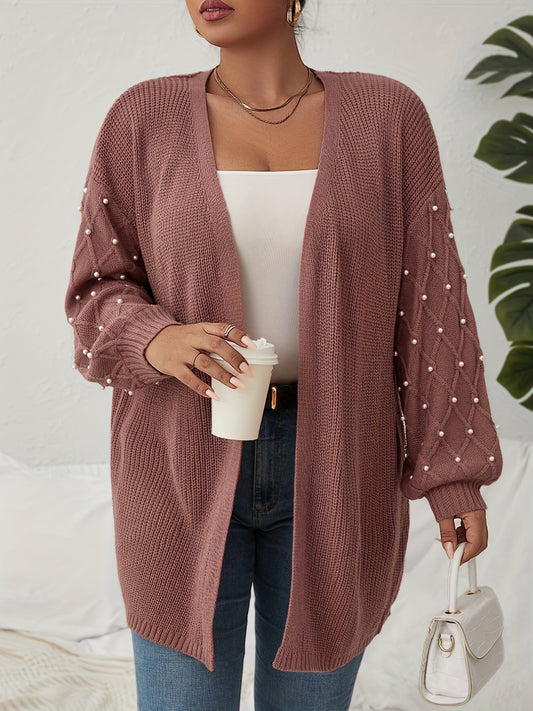  Solid Jacquard Faux Pearl Decor Lantern Sleeve Cardigan
