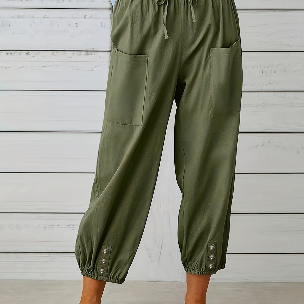 Women's Plus Solid Drawstring Elastic Button Decor Pants