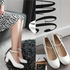 Women's Chunky Mid Heels Ankle Strap Faux Leather Shoes Non Slip Pumps