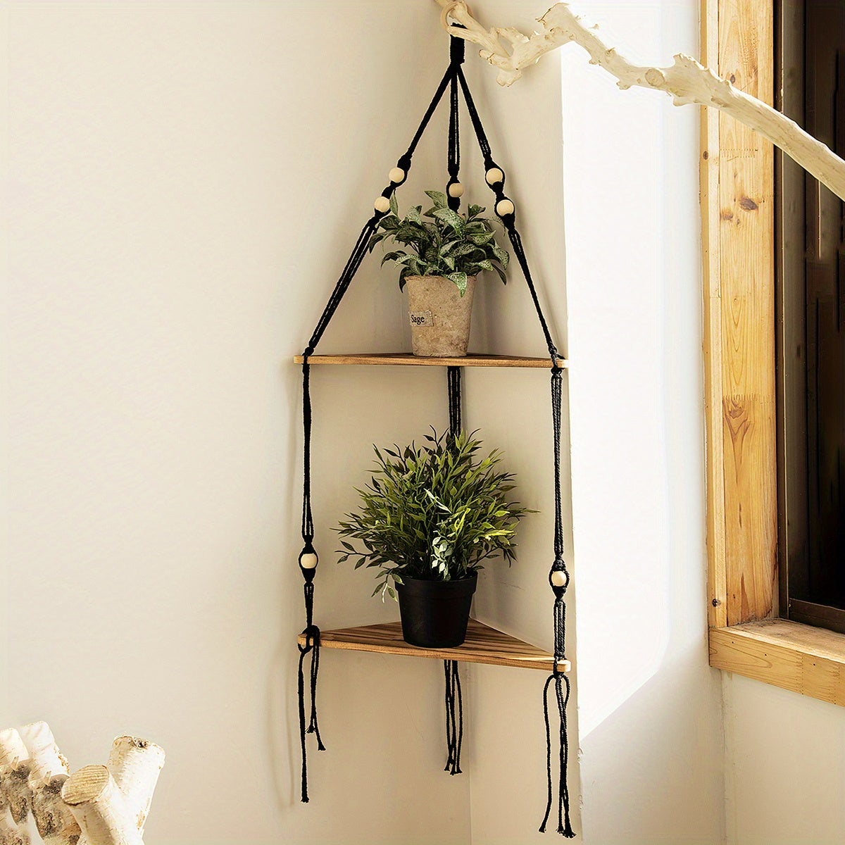 Triangular Wooden Shelf Wall Hanging with Bohemian Beads and Cotton Rope