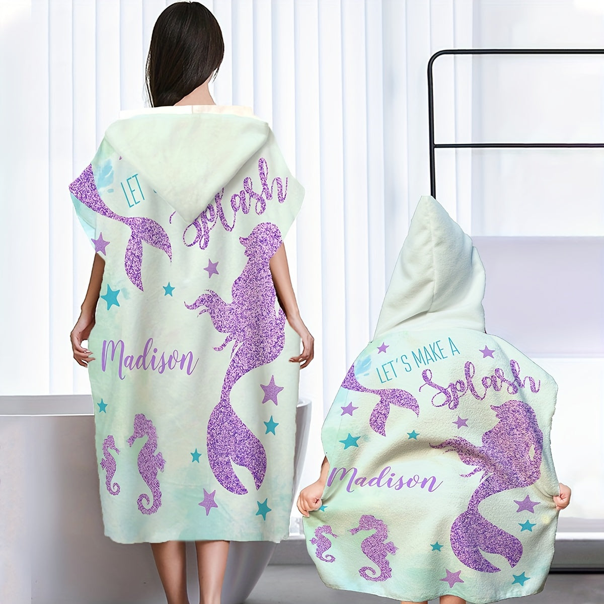 Mermaid Printed Hooded Bathrobe Soft Microfiber Towel