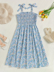  Ditsy Floral Print Shirred Tie Shoulder Cami Dress