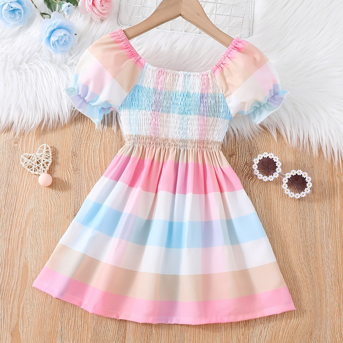 Girls Shirred Puff Sleeve Colorful Plaid Party Dress Kids Summer Clothes