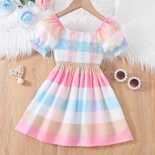 Girls Shirred Puff Sleeve Colorful Plaid Party Dress Kids Summer Clothes