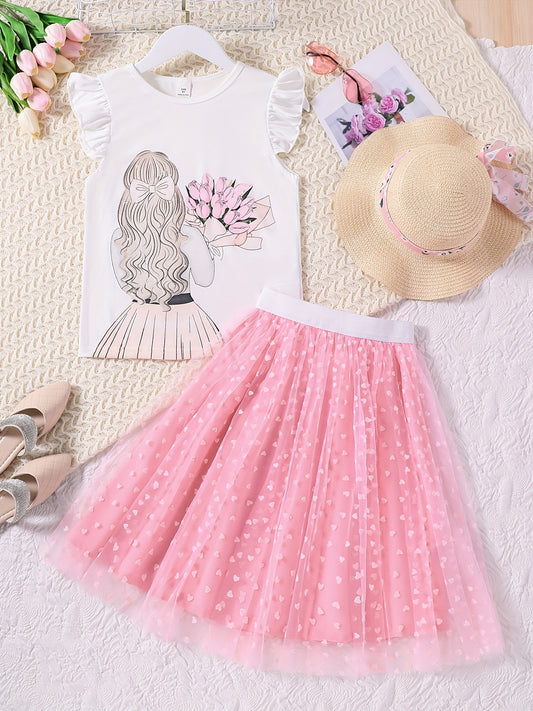 2Pcs Girls' Cartoon Portrait T-Shirt & Polka Dots Tutu Skirt Set