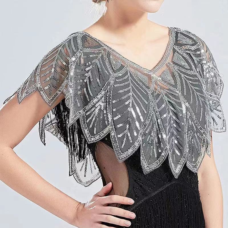 Sequins Leaf Lace Shawl Vintage Beaded Evening Cape Bridal Women Dress