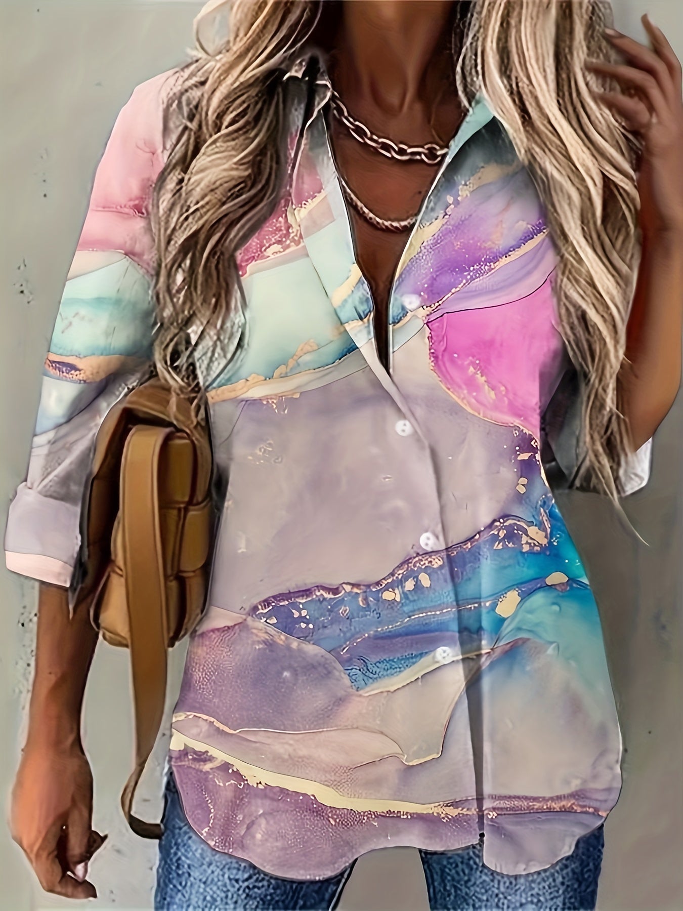  Women's Marble Print Long Sleeve Button Up Shirt Top