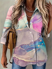  Women's Marble Print Long Sleeve Button Up Shirt Top
