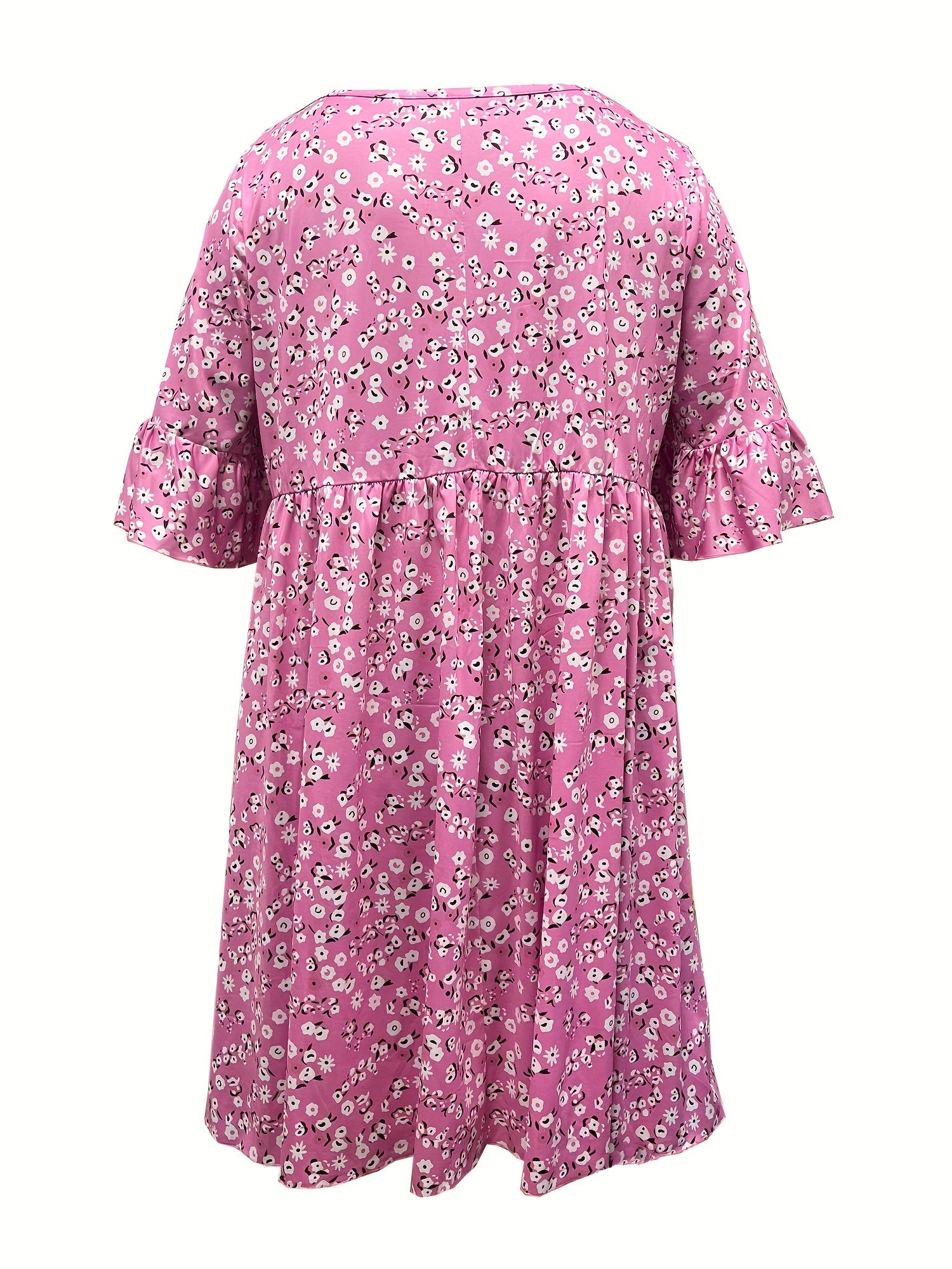  Ditsy Floral Print Bell Sleeve V Neck Casual Dress